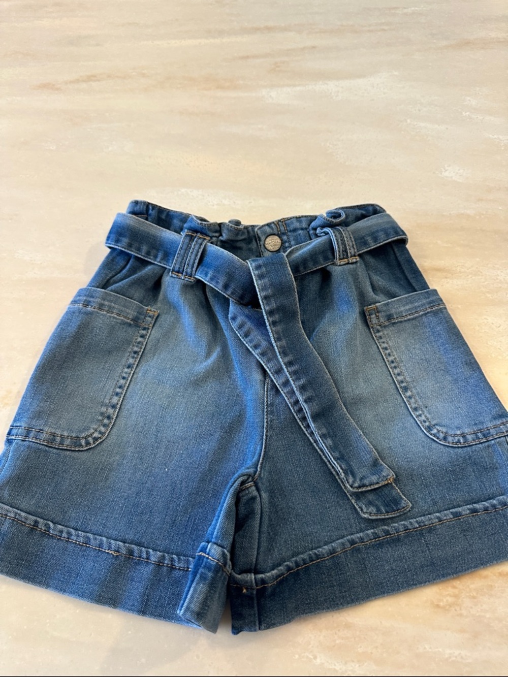 Little girls Blue Denim Paperbag Waist Shorts with Belt, worn once